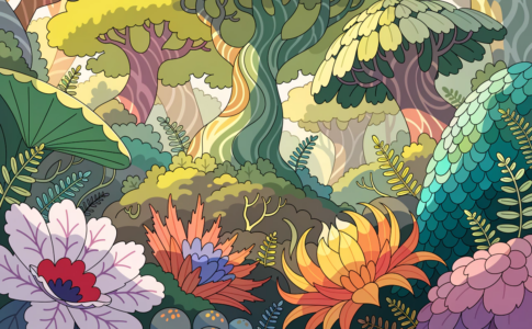 jungle colorée et féérique évoquant l'univers du film animation Joyeuse Jungle