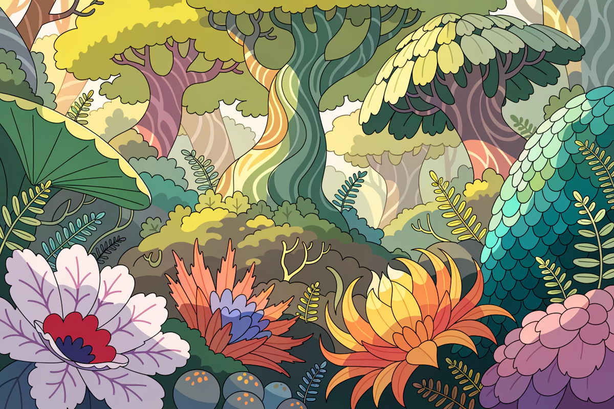 jungle colorée et féérique évoquant l'univers du film animation Joyeuse Jungle  