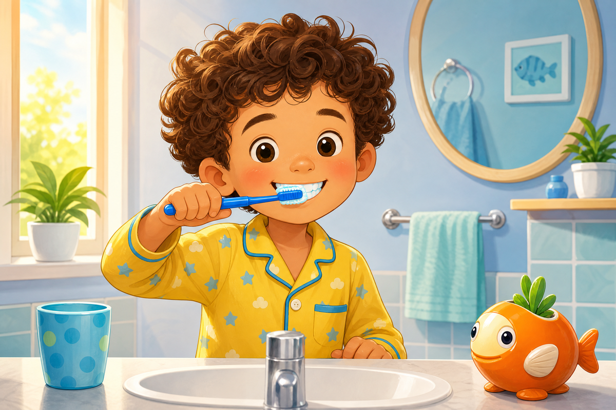 Un petit garçon aux cheveux bouclés en pyjama jaune se brossant les dents joyeusement dans une salle de bain.