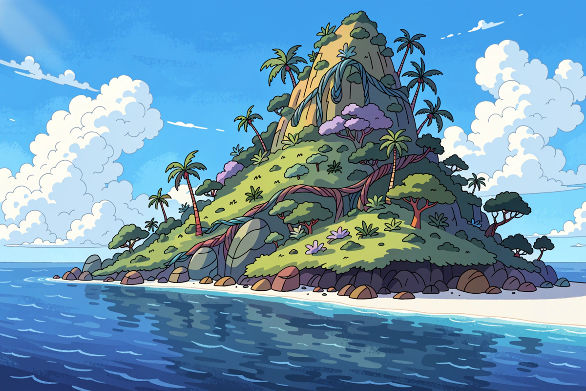 Île tropicale isolée et colorée, décor du film d'animation L'Île oubliée