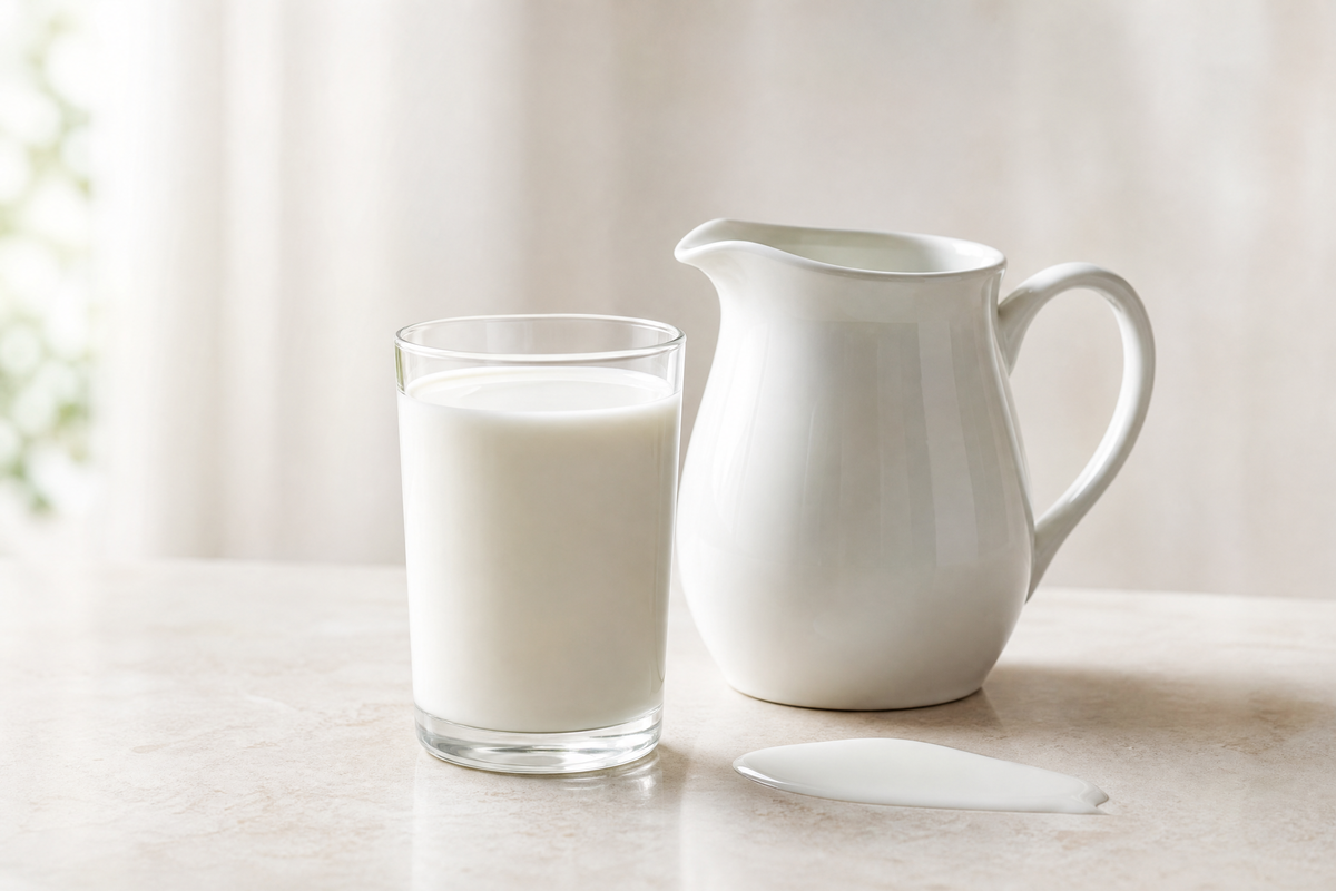 Un verre de lait frais posé à côté d'un pichet en céramique blanche sur une table lumineuse.