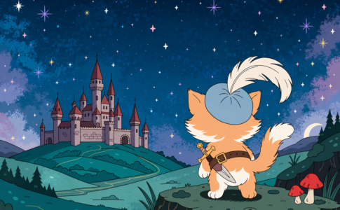 Petit chat aventurier évoquant Le chat Potté face à un château médiéval