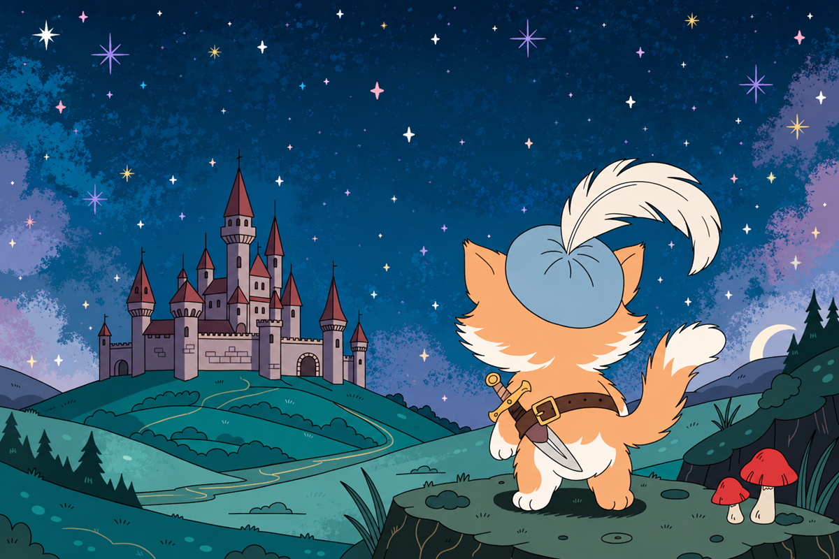 Petit chat aventurier évoquant Le chat Potté face à un château médiéval