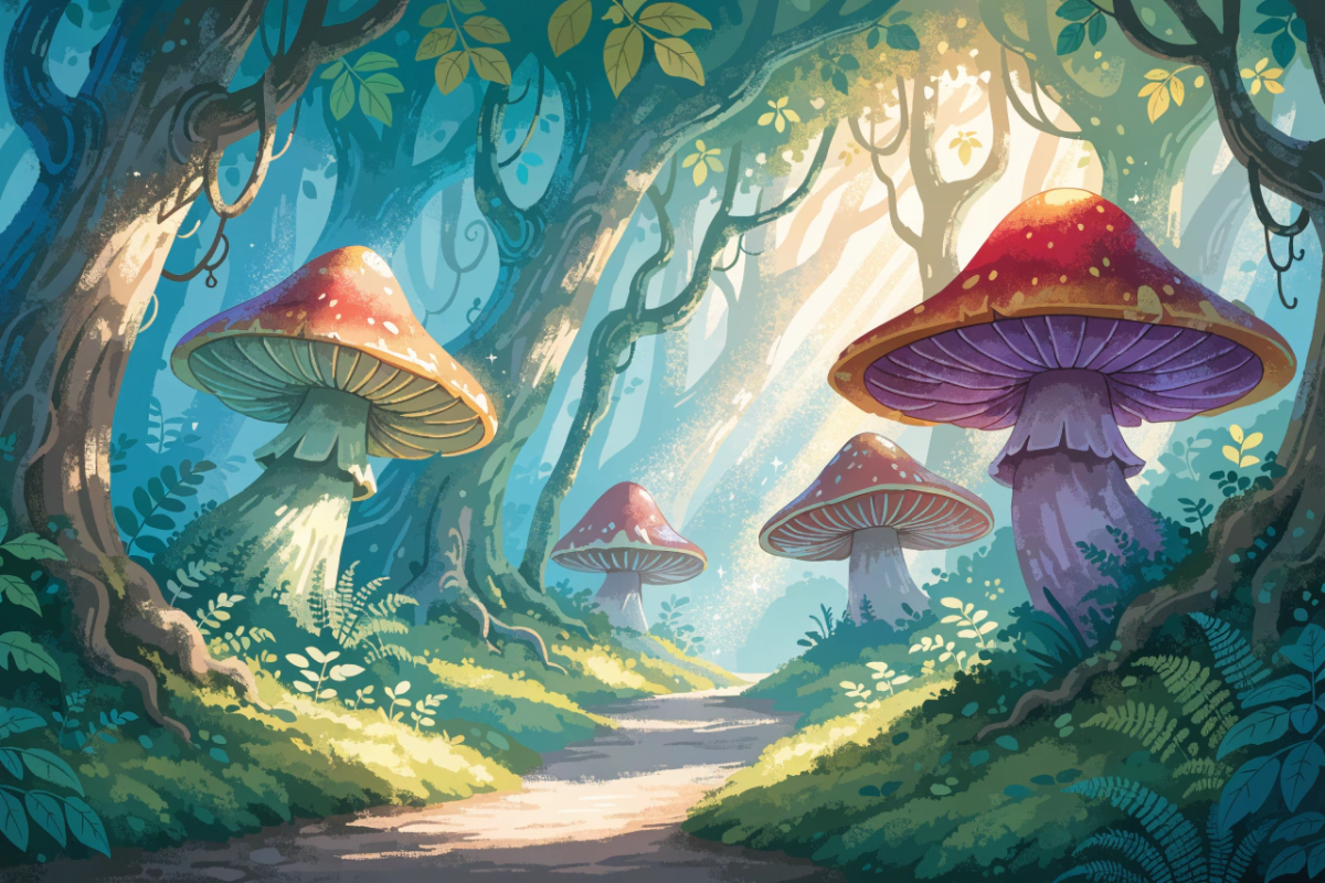 Forêt enchantée colorée avec chemins sinueux et lumière dorée