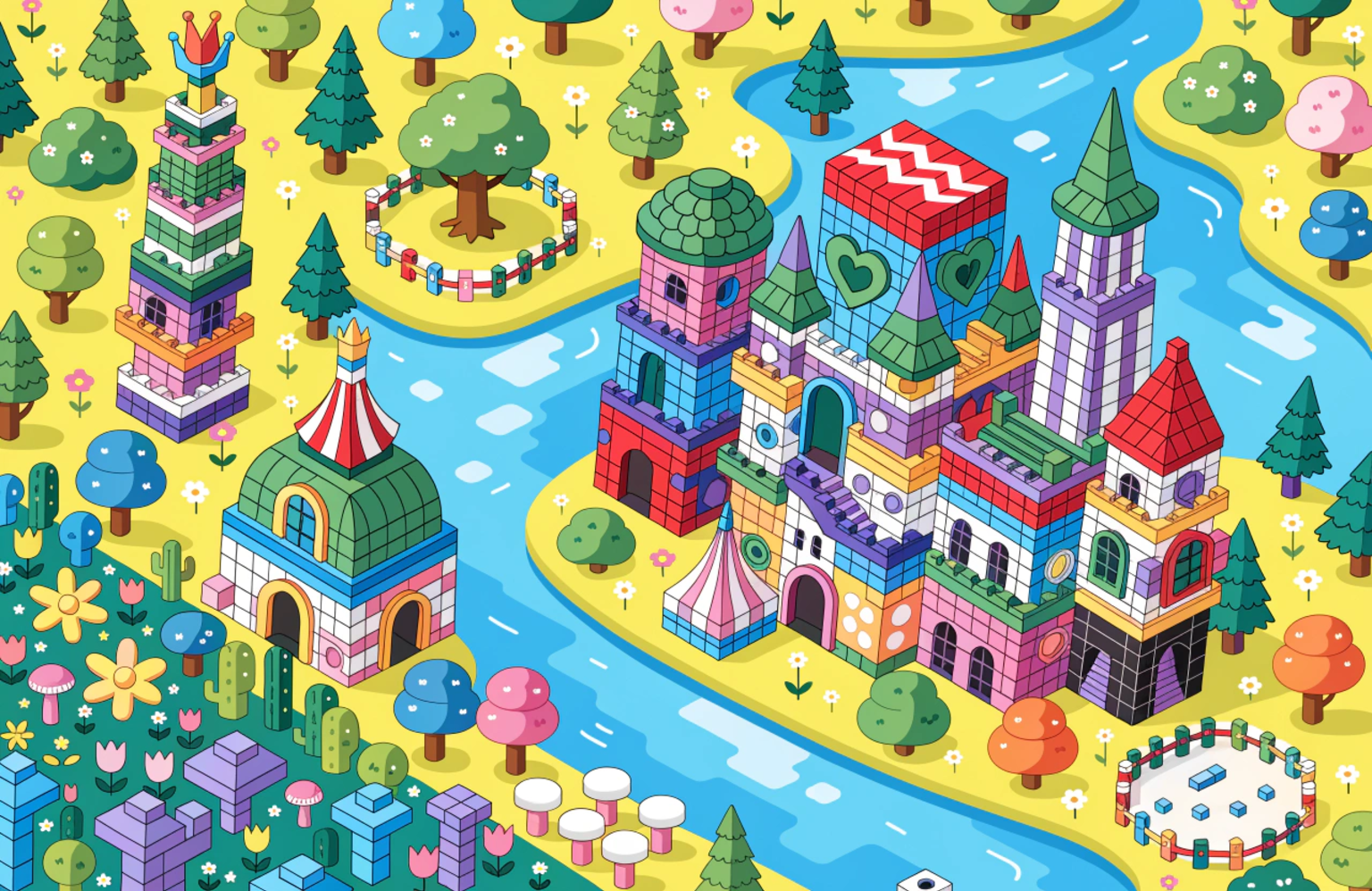 Paysage de royaume magique de style LEGO, décor de LEGO Disney Princess Magical Mayhem