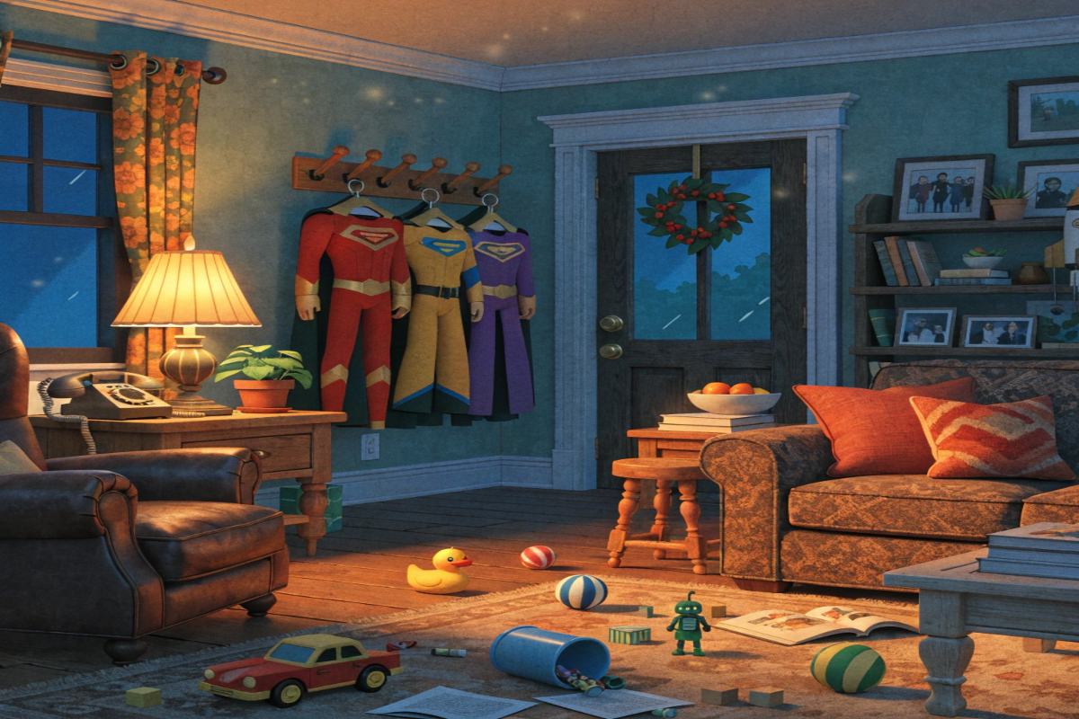 Intérieur familial avec costumes de super-héros inspiré des Indestructibles 3 Pixar 