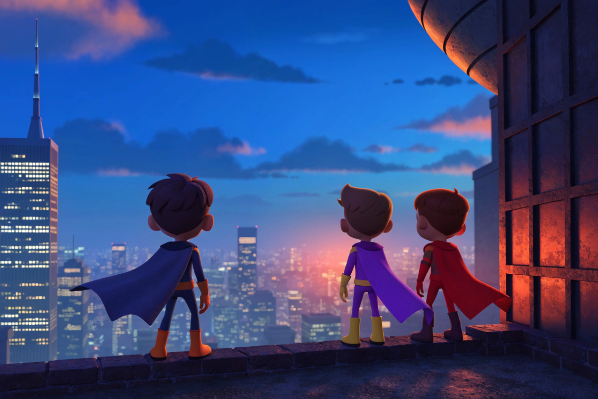Silhouettes d'enfants super-héros vus de dos évoquant Les Indestructibles 3 Pixar 