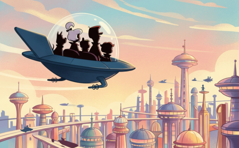 Silhouettes d'une famille dans une voiture volante évoquant Les Jetsons