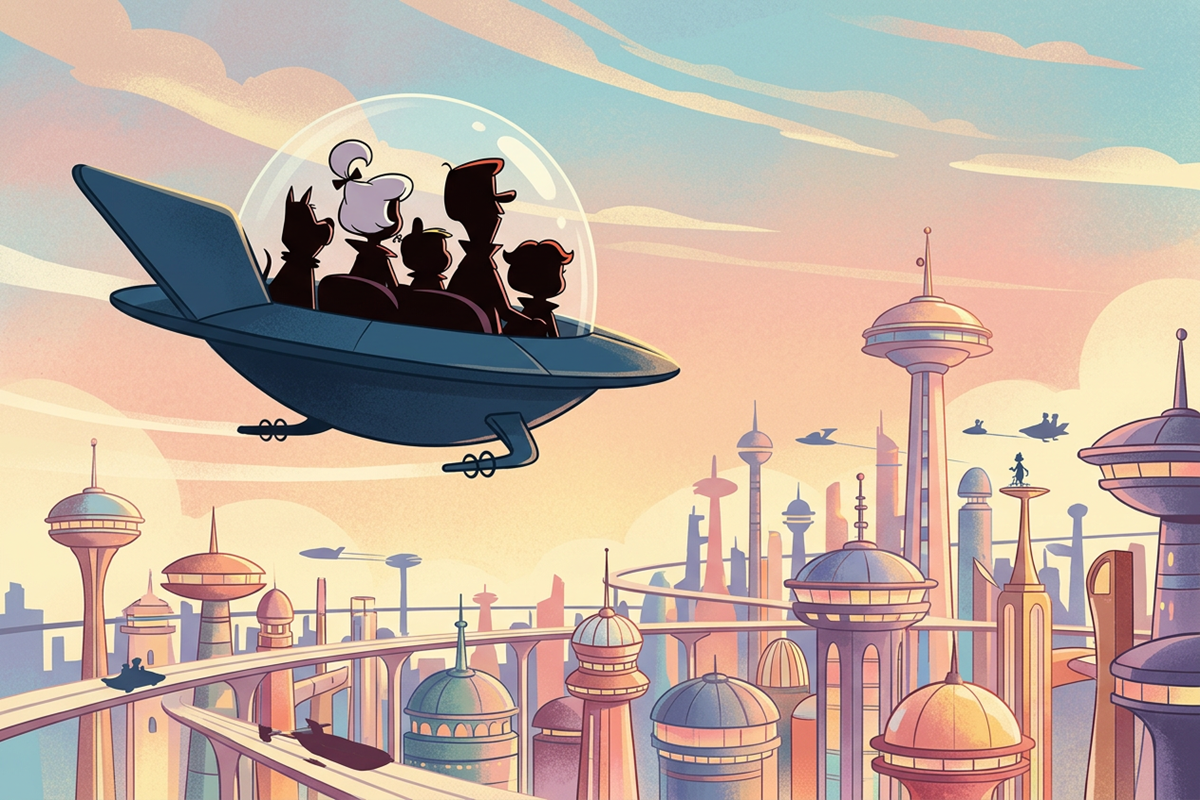 Silhouettes d'une famille dans une voiture volante évoquant Les Jetsons