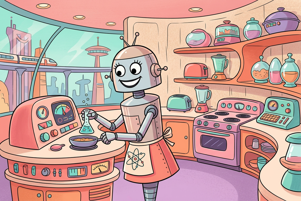 Robot domestique dans une cuisine futuriste colorée, inspiré du dessin animé Les Jetsons 