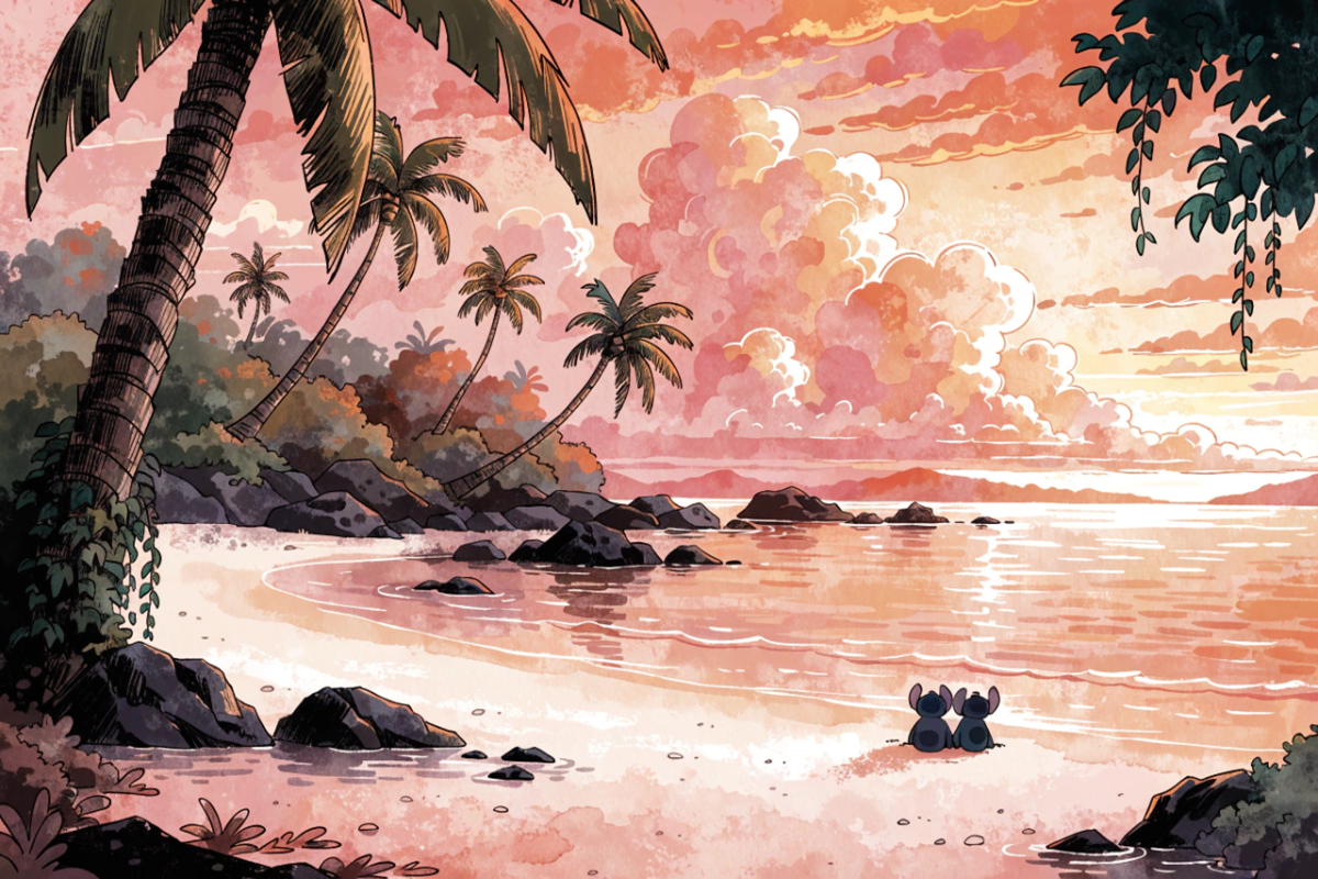 silhouette de deux créatures sur la plage évoquant l'univers de Lilo & Stitch 2