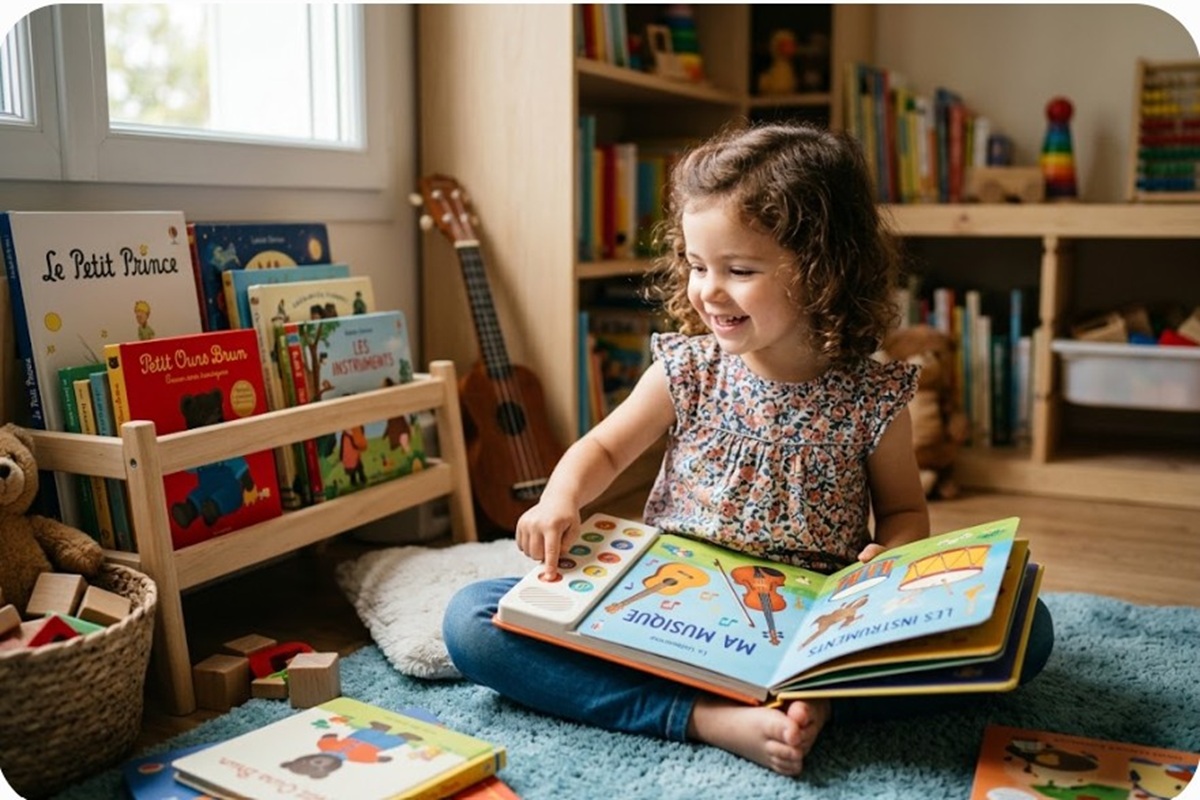 Un enfant découvrant la musique avec un livre sonore