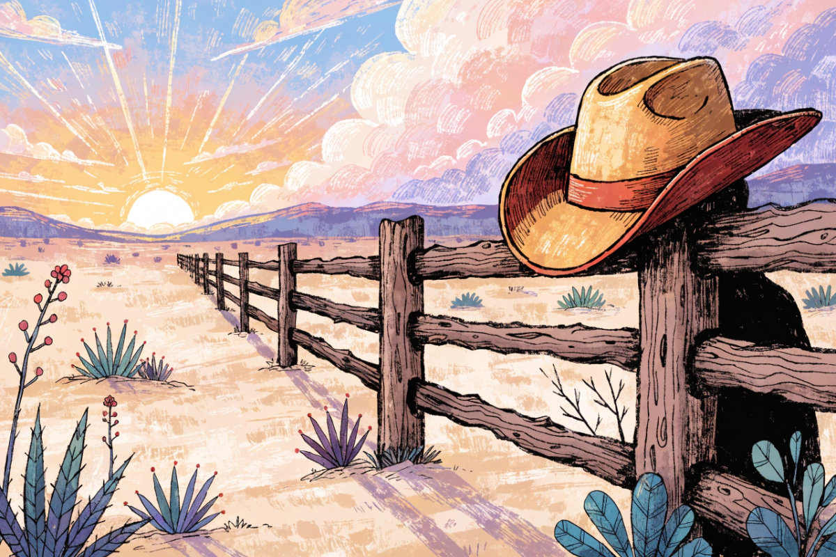 Chapeau de cow-boy posé sur une clôture en bois face au coucher du soleil 