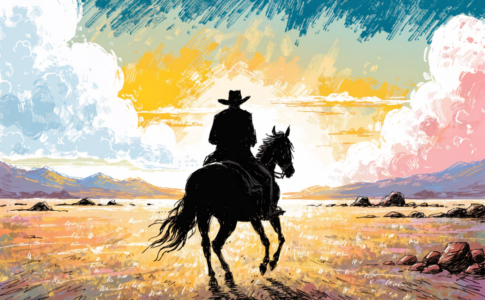 Silhouette de cow-boy de dos à cheval rappelant Lucky Luke