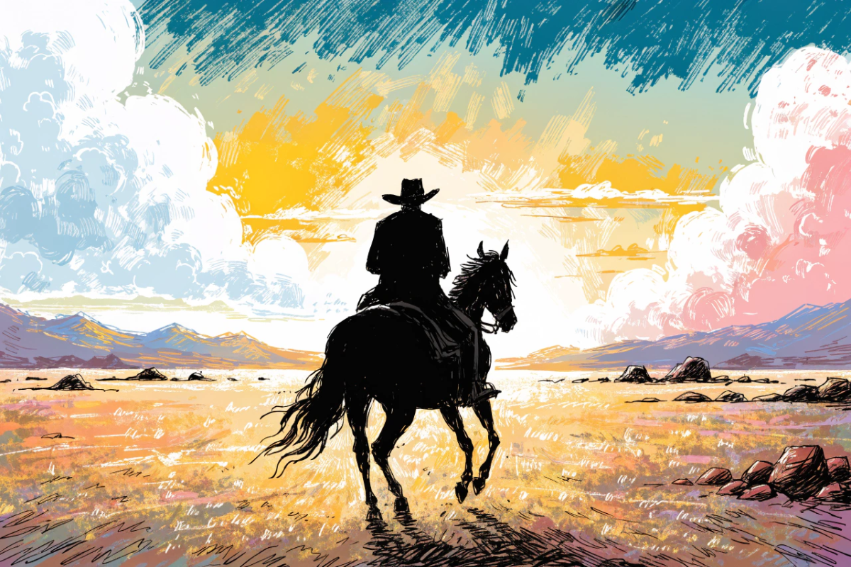 Silhouette de cow-boy de dos à cheval rappelant Lucky Luke
