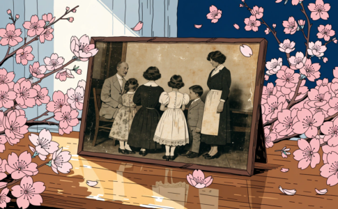 Vieille photographie de famille encadrée, entourée des fleurs de cerisier