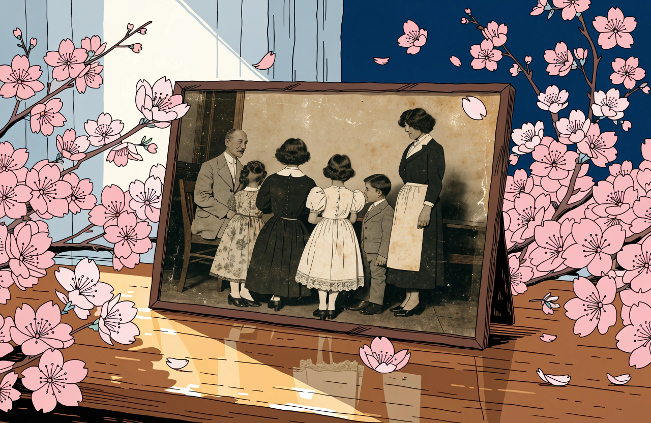 Vieille photographie de famille encadrée, entourée des fleurs de cerisier