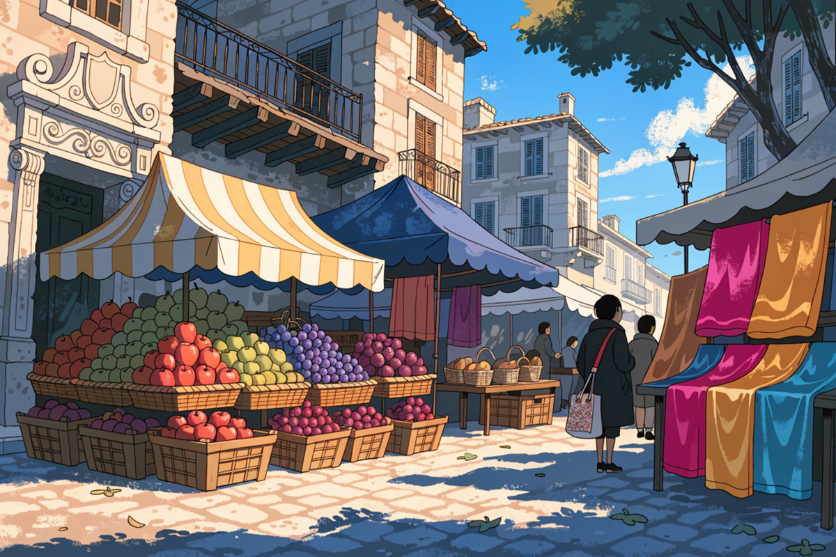 marché animé et coloré d'une ville méditerranéenne 