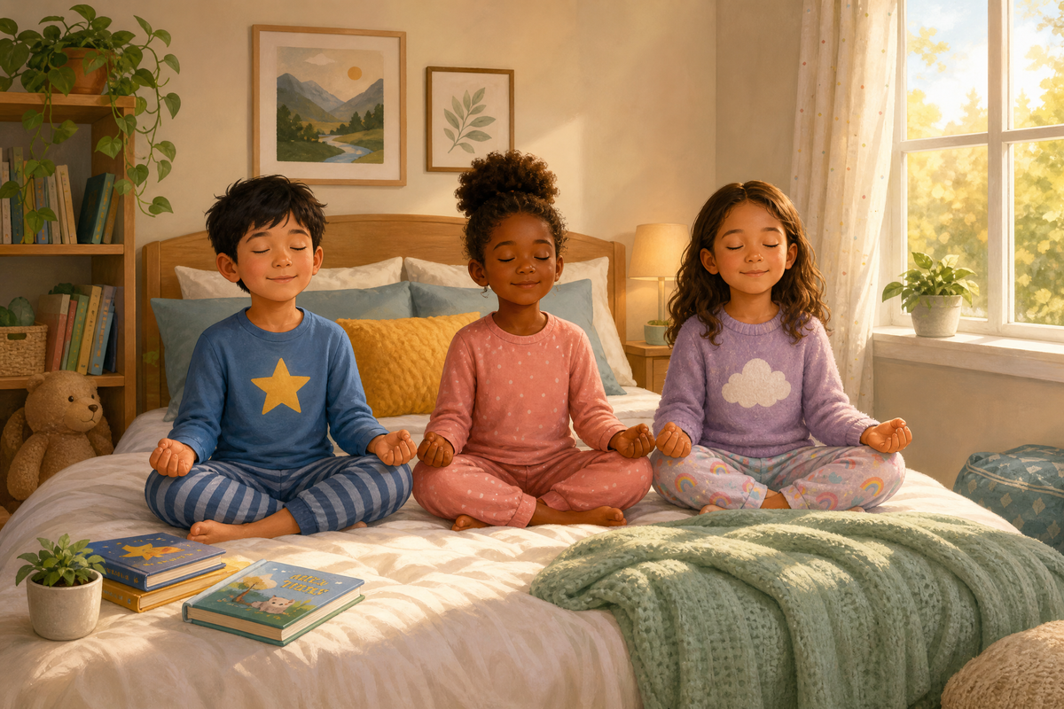  Trois enfants en pyjama méditent paisiblement sur un lit.