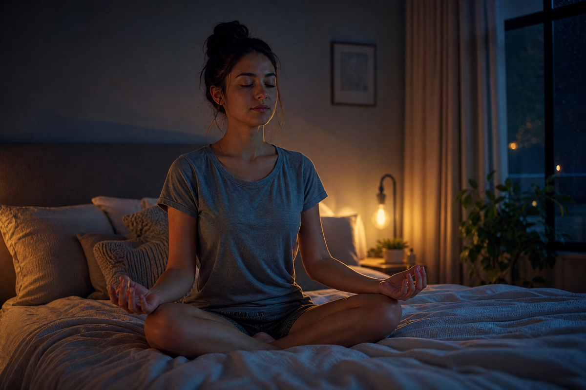 Femme méditant en position du lotus sur son lit le soir pour réduire le stress.