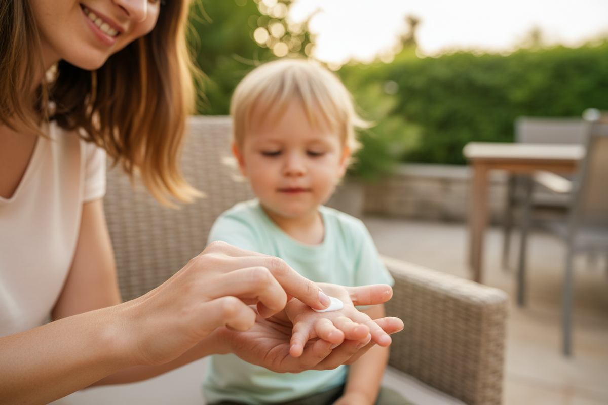 Une mère applique une crème anti-moustique sur la main de son enfant. Protection anti-moustique pour les soirées en extérieur.