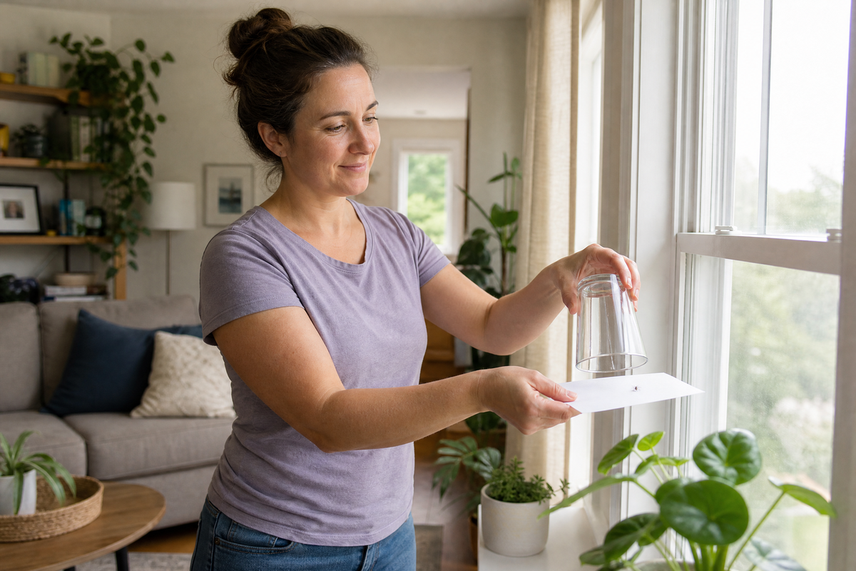 Une femme capture doucement un petit insecte avec un verre et du papier.