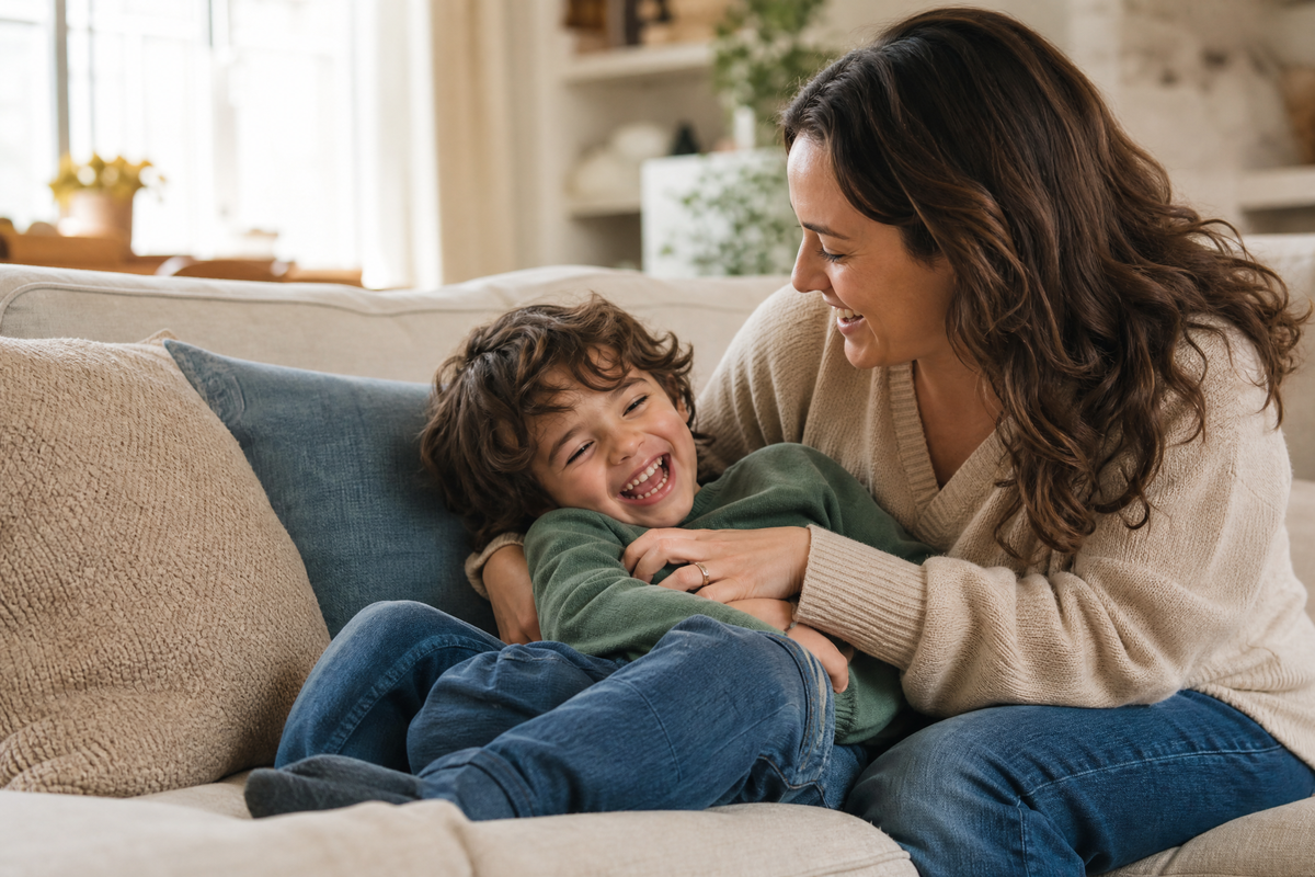 Mère chatouillant son fils sur le canapé.