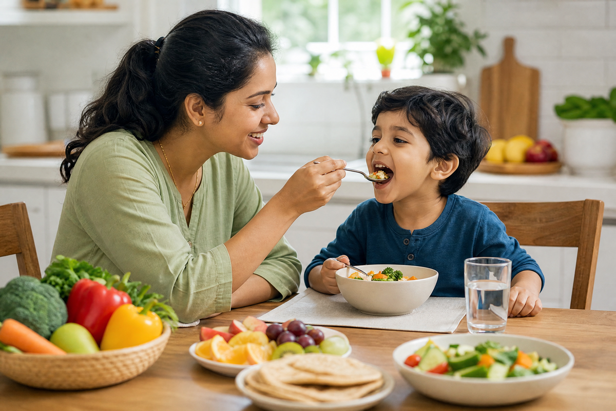 Une mère donne des légumes à son petit garçon.