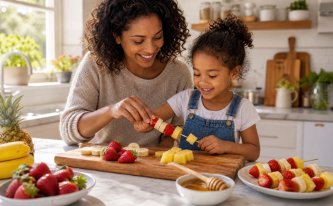 Mère et sa petite fille assemblant des brochettes de fruits frais avec du miel dans la cuisine.
