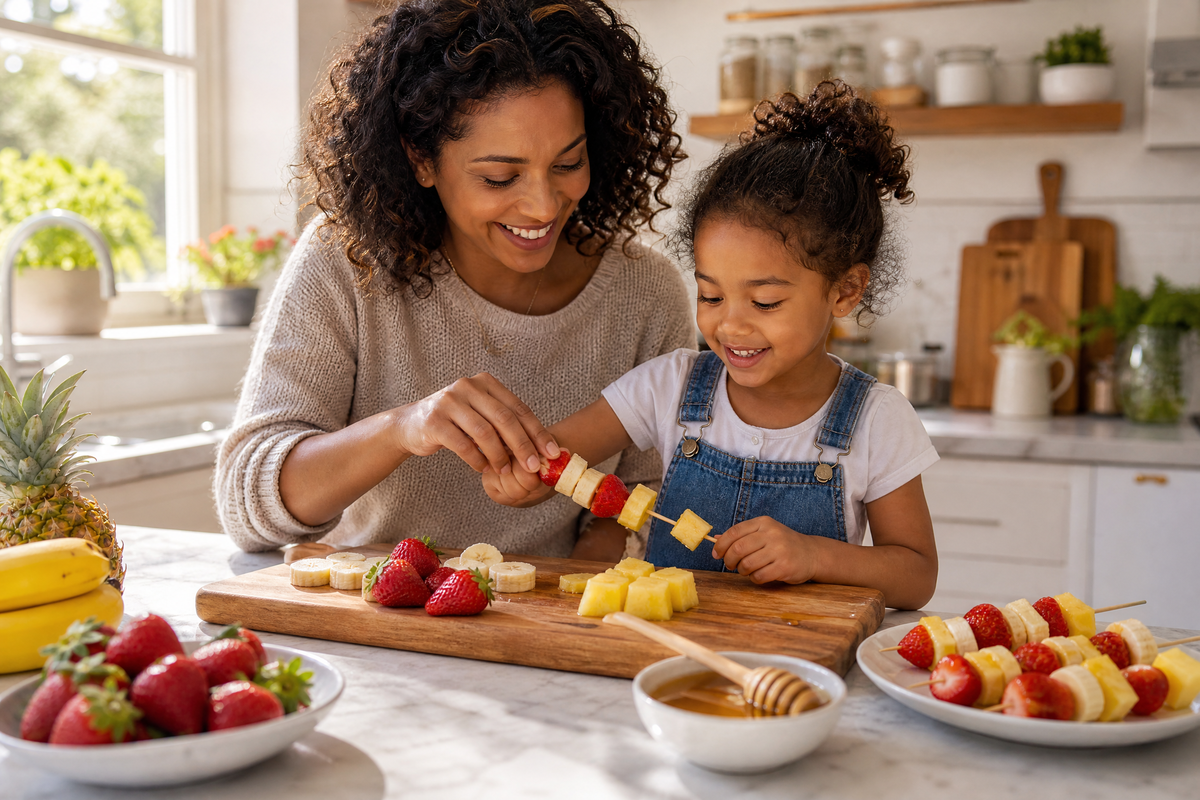 Mère et sa petite fille assemblant des brochettes de fruits frais avec du miel dans la cuisine.