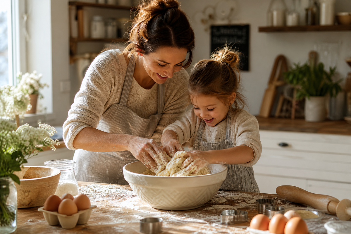 Mère et sa petite fille pétrissant joyeusement de la pâte à biscuits dans un grand saladier.