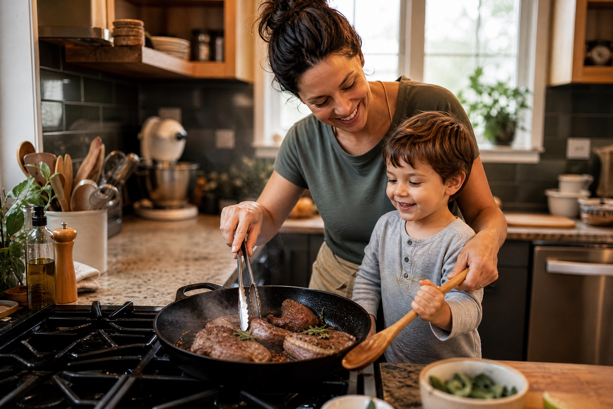 Mère et son fils cuisinant des morceaux de viande dans une poêle à la maison.