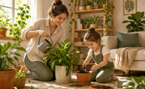 Une mère et sa fille jardinent ensemble dans le salon.