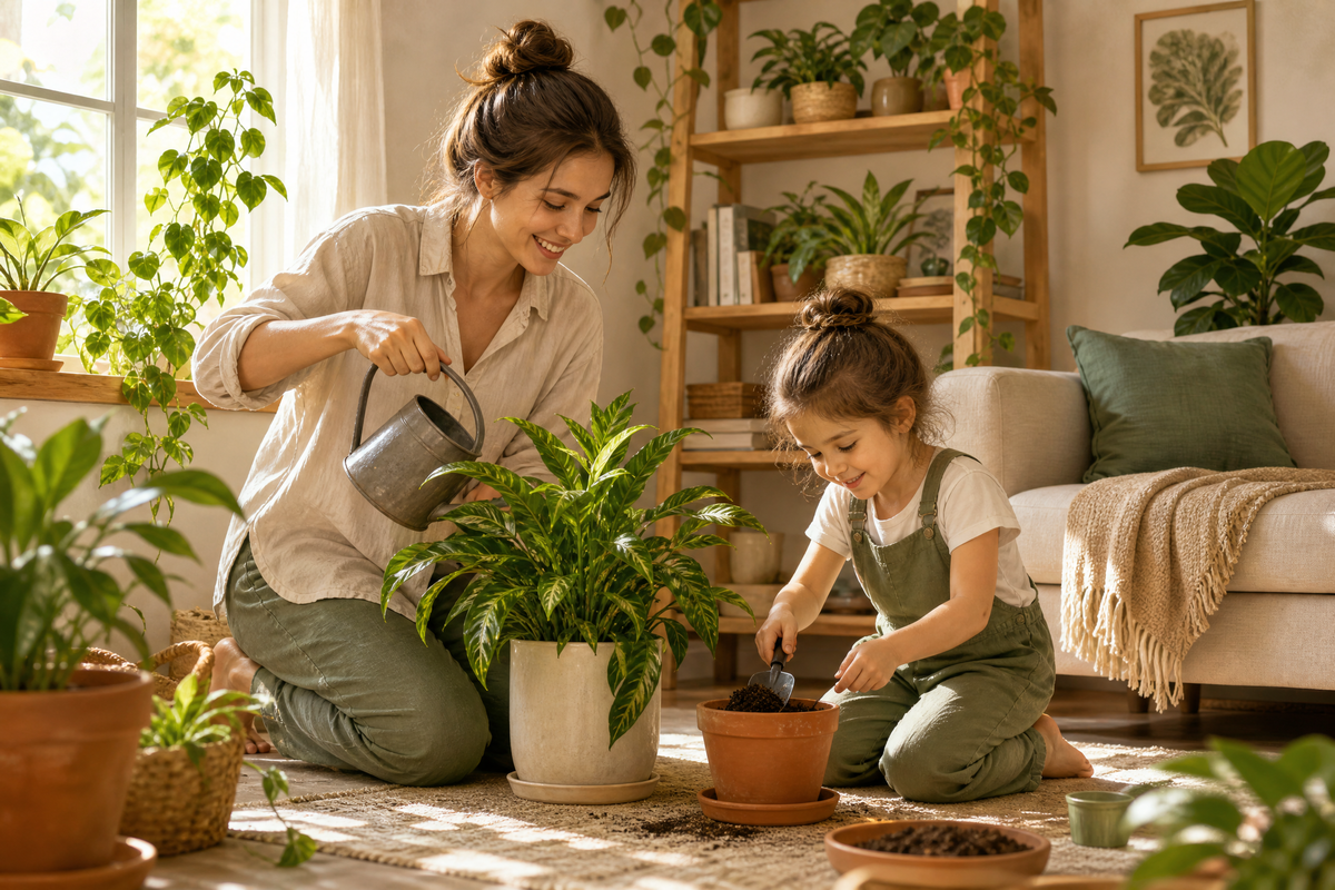  Une mère et sa fille jardinent ensemble dans le salon.