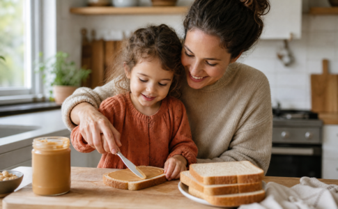 Une mère aide sa petite fille à étaler du beurre de cacahuète sur une tranche de pain de mie dans une cuisine.