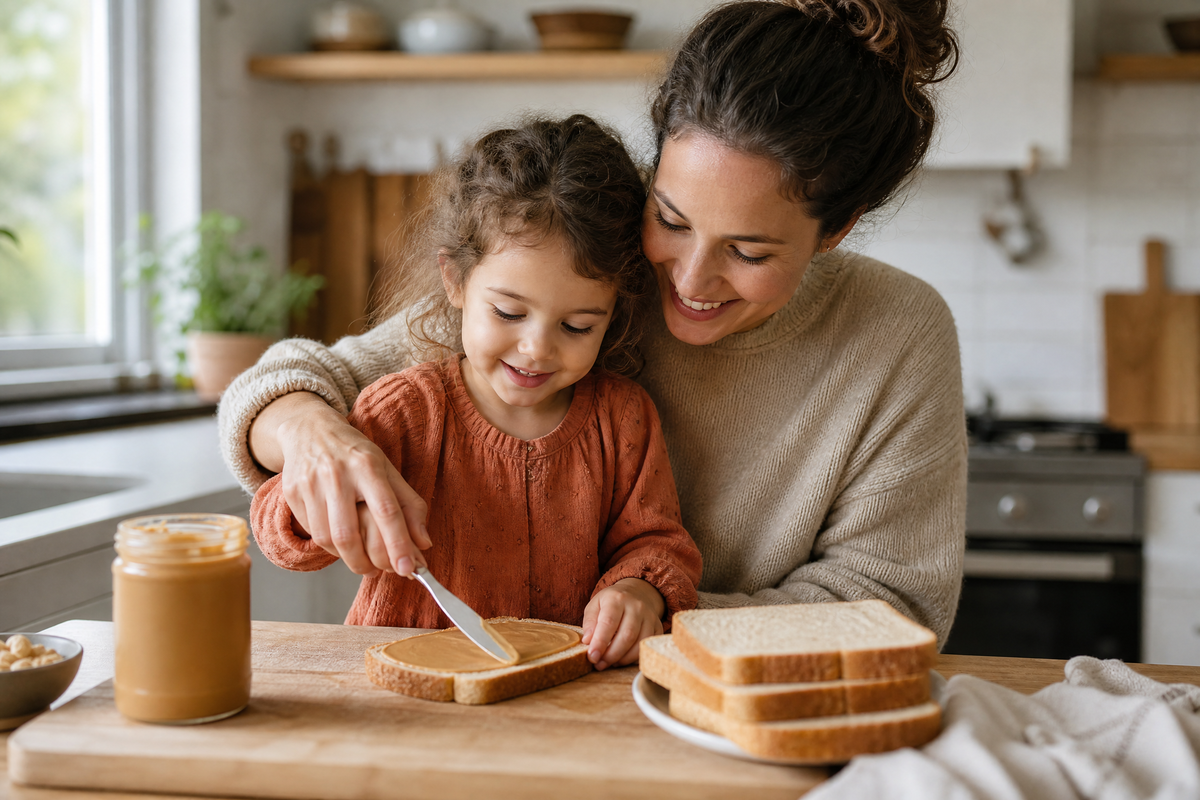 Une mère aide sa petite fille à étaler du beurre de cacahuète sur une tranche de pain de mie dans une cuisine.