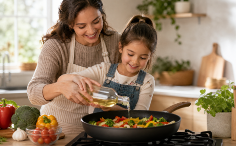 Une mère aide sa fille à ajouter de l’huile végétale aux légumes.