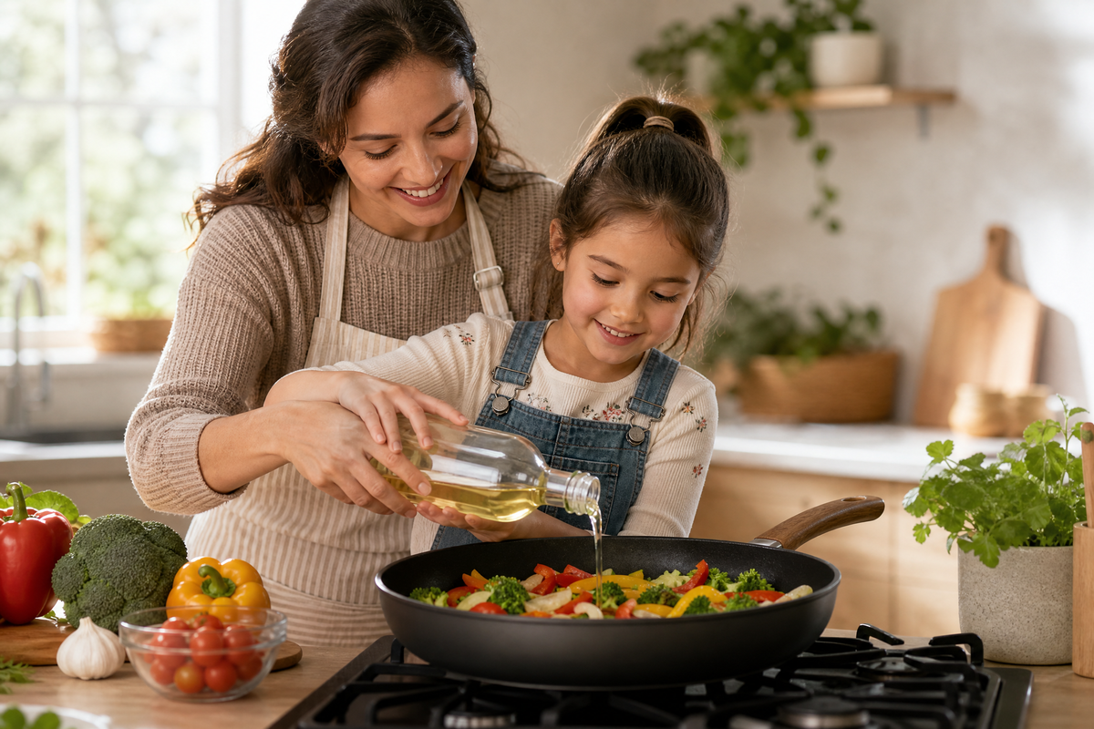 Une mère aide sa fille à ajouter de l’huile végétale aux légumes.