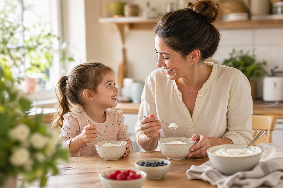  Mère et fille dégustant du fromage blanc à table.