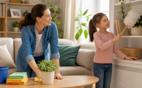 Une mère et sa fille nettoyant ensemble le salon.