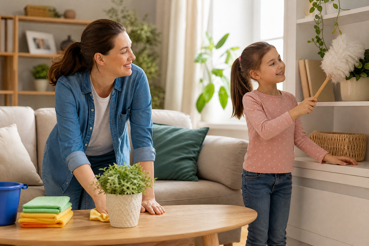 Une mère et sa fille nettoyant ensemble le salon.
