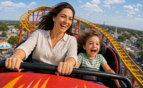 Une mère et son jeune enfant rient ensemble à bord d'un wagon de montagnes russes dans un parc d'attractions.