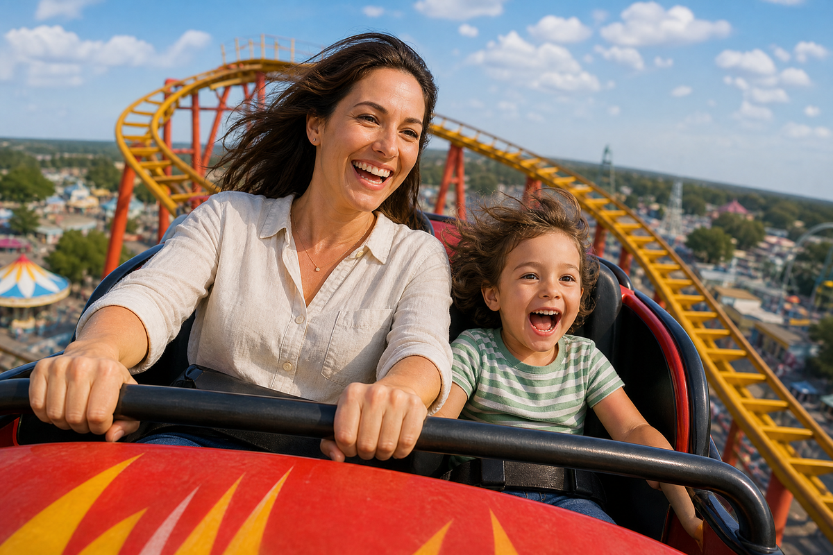 Une mère et son jeune enfant rient ensemble à bord d'un wagon de montagnes russes dans un parc d'attractions.