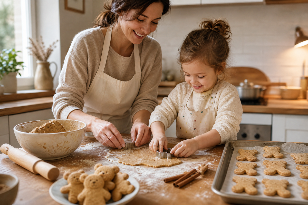 Une mère et sa fille découpent des oursons à la cannelle en cuisine.