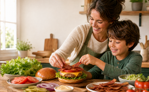 Une mère et son fils préparent un burger au bacon végétarien en cuisine.
