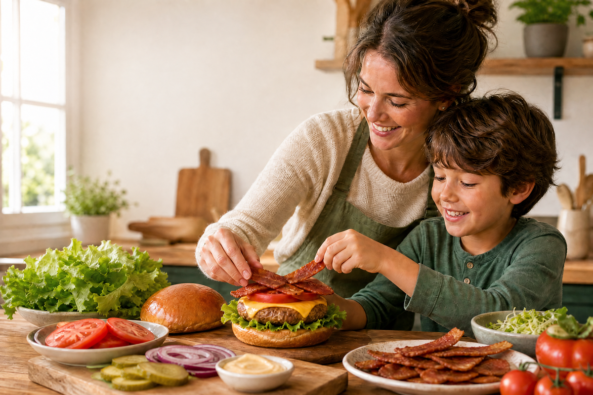 Une mère et son fils préparent un burger au bacon végétarien en cuisine.