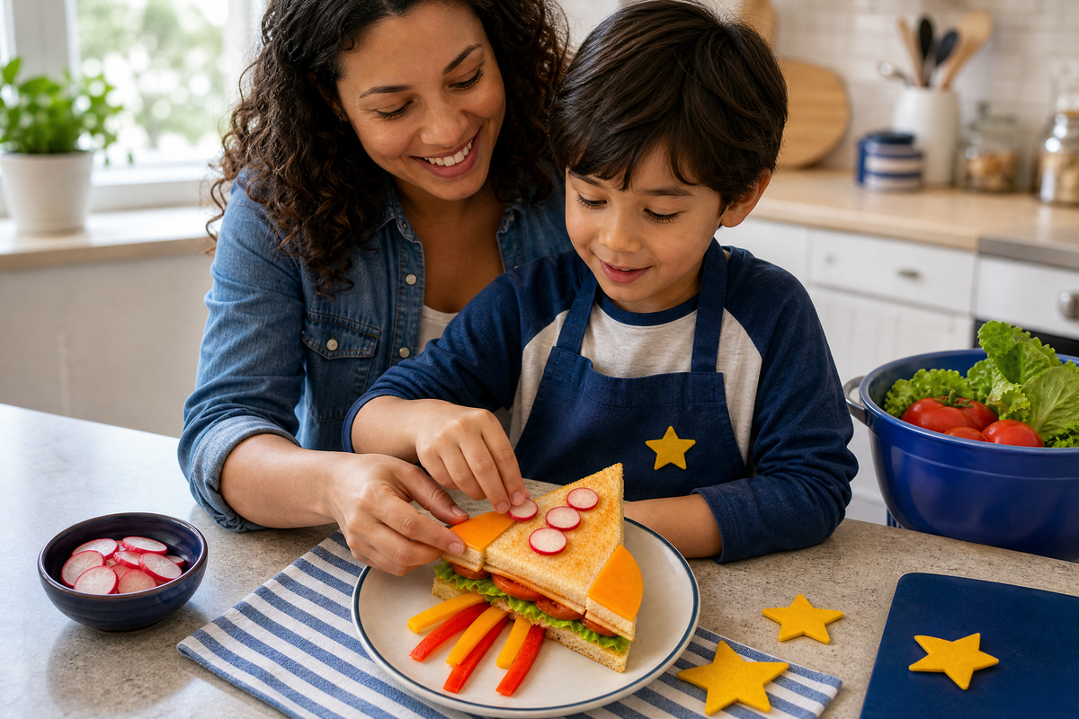 Une mère aide son fils à décorer un sandwich en forme de fusée avec des radis.