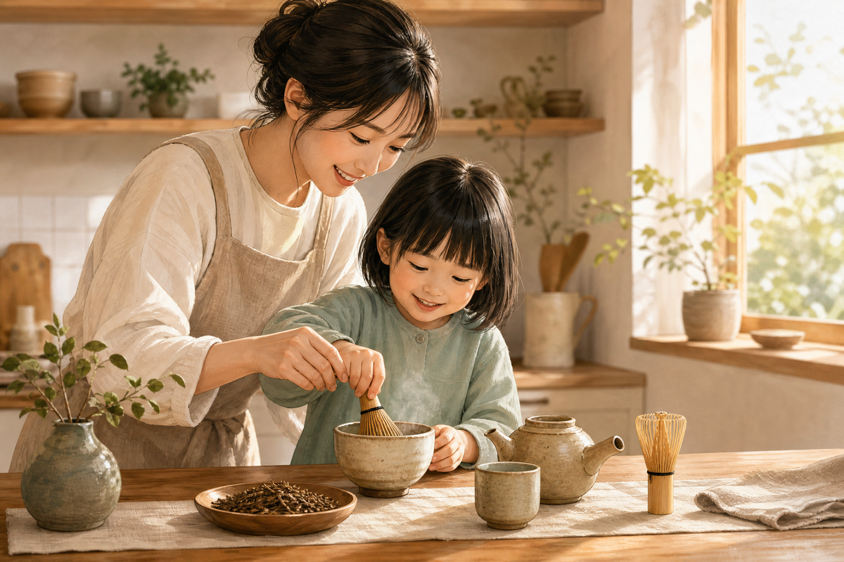 Une mère et sa petite fille souriantes fouettent du thé hojicha avec un fouet en bambou.
