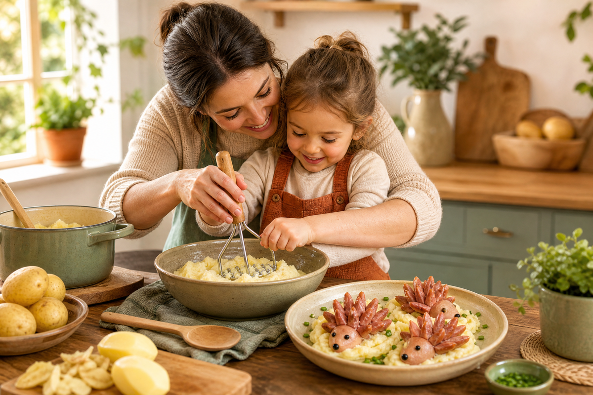 Mère et fille préparent une purée saucisse hérisson.