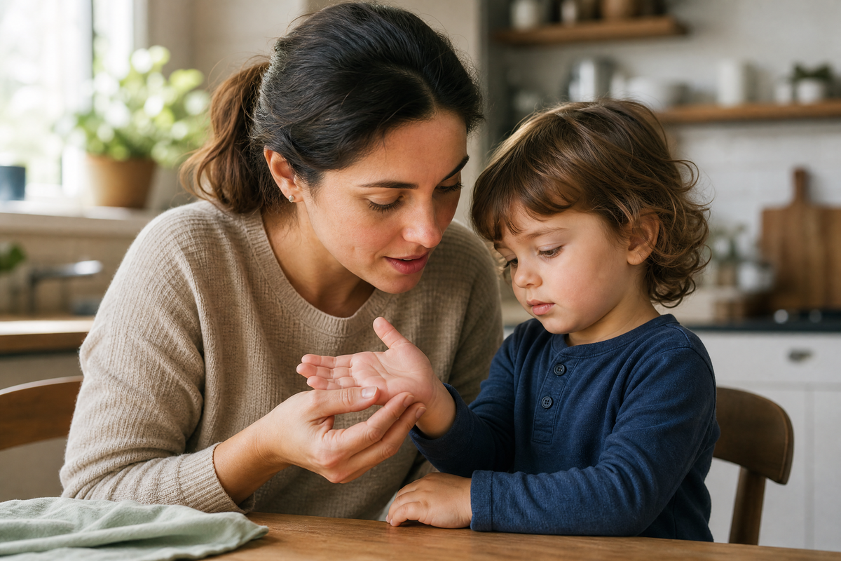 Une mère examine les doigts de son enfant avec attention.